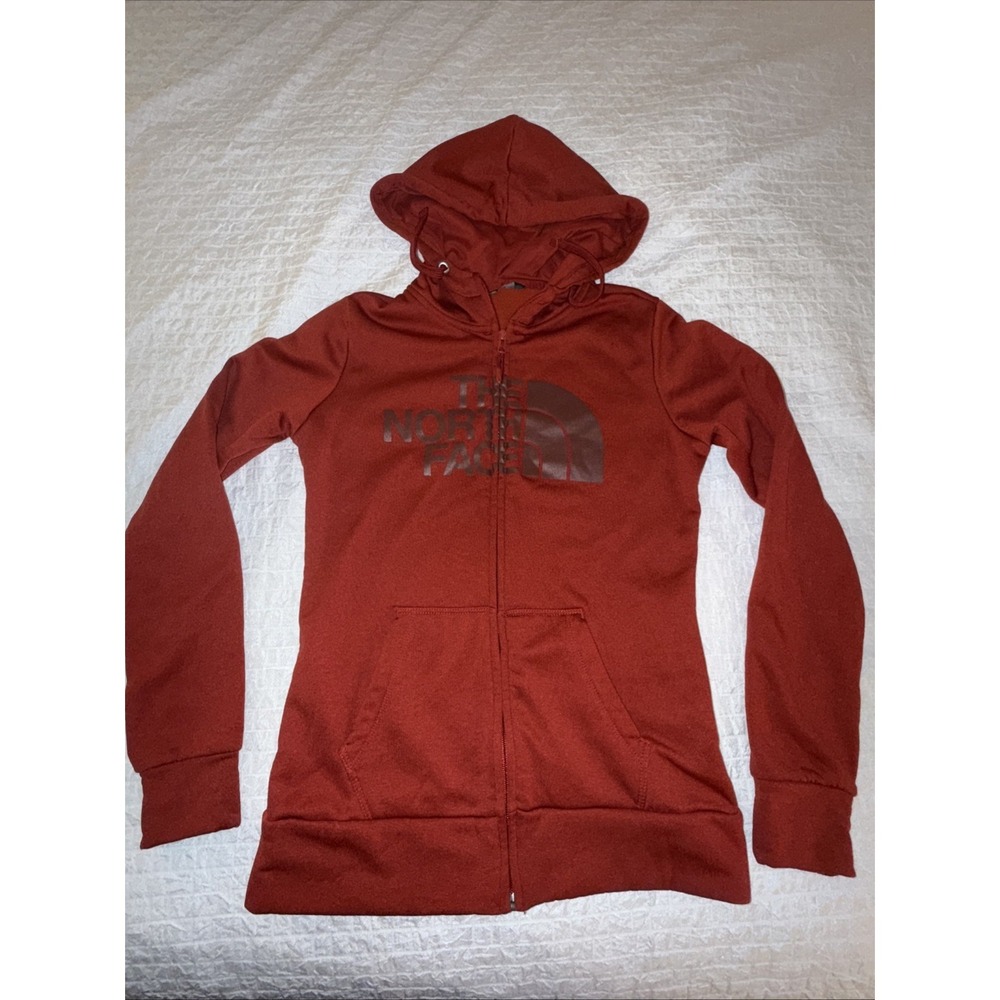 The North Face Women's Small Zip Up Red Hoodie Slim Fit Large Logo ‎ Thumb Loops